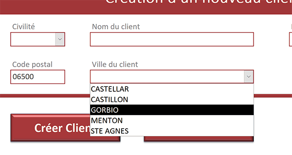 Liste déroulante Access propose les villes en fonction du code postal saisi