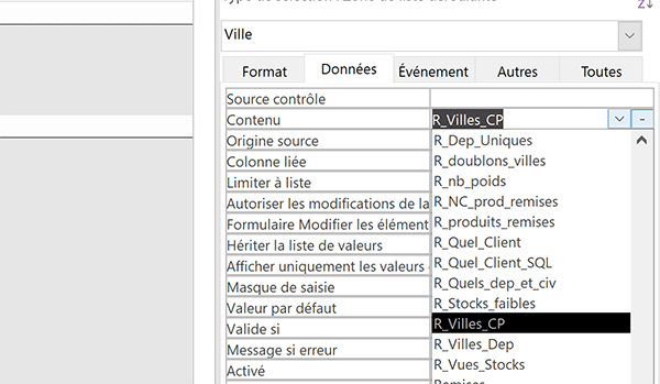 Définir le contenu de la liste déroulante sur le formulaire par une requête Access dynamique