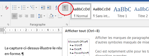 Caractères masqués de Word pour afficher les marques de paragraphe