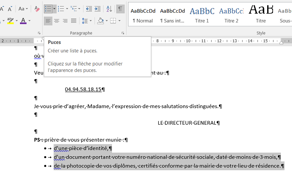 Mise en forme de listes énumérées avec les puces de Word
