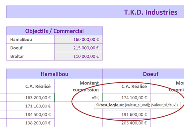 Aide Excel pour renseigner les paramètres de la fonction conditionnelle Si