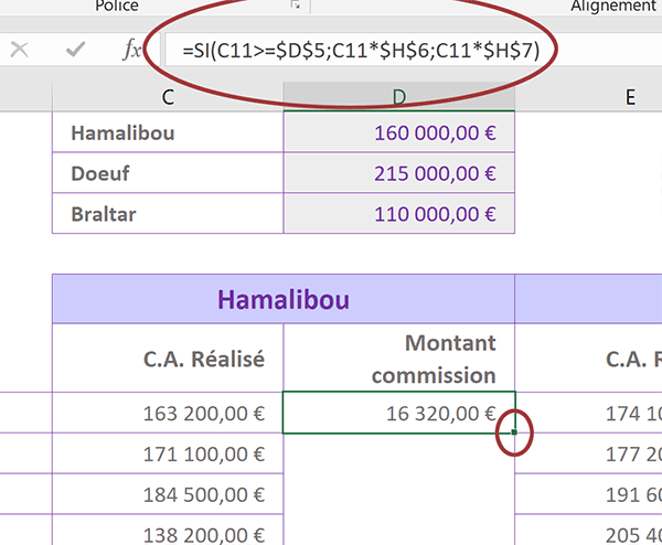 Poignée de cellule Excel pour reproduire le calcul conditionnel sur la hauteur du tableau