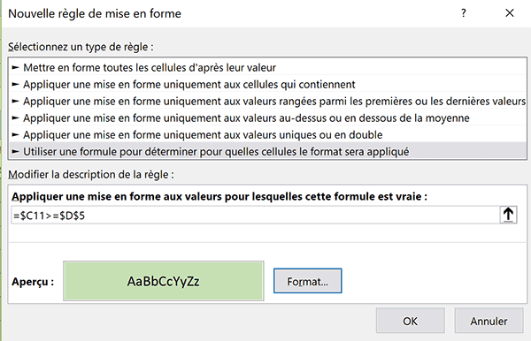 Règle de mise en forme conditionnelle Excel pour repérer dynamiquement les objectifs atteints par les commerciaux