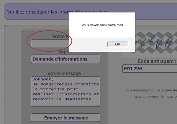 Contrôles de saisie Javascript avant envoi du courrier électronique par formulaire de contact Php