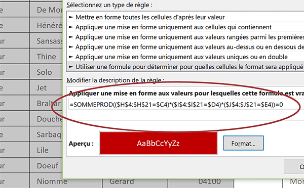 Règle de mise en forme conditionnelle Excel pour identifier visuellement les différences entre deux tableaux par formule matricielle