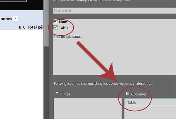 Organiser les champs en ligne et en colonne dans la construction d-un tableau croisé dynamique Excel