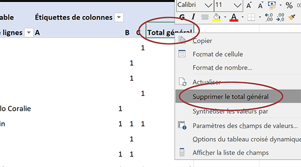 Supprimer une colonne de synthèse dans un tableau croisé dynamique Excel