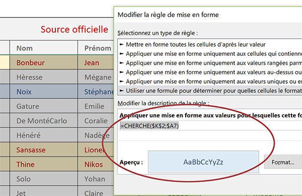 Surligner un enregistrement cherché par mots clés dans un tableau Excel