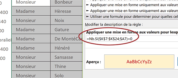 Règle de mise en forme conditionnelle Excel pour identifier visuellement les différences entre deux tableaux