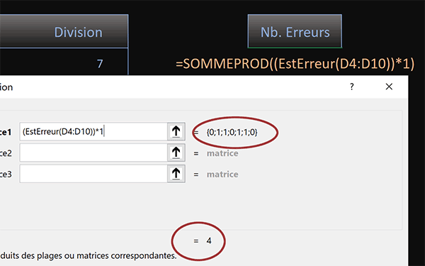 Compter le nombre erreurs de calculs dans un tableau Excel par formule matricielle