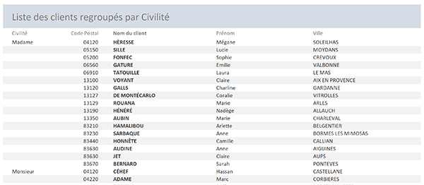 Aperçu des données clients en mode état Access après réglages et organisation des informations
