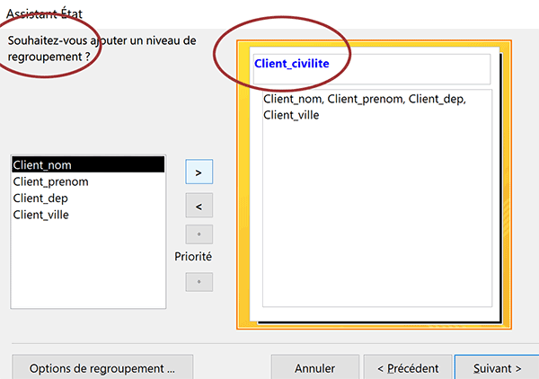 Créer niveau de regroupement pour hiérarchiser information dans vue état Access