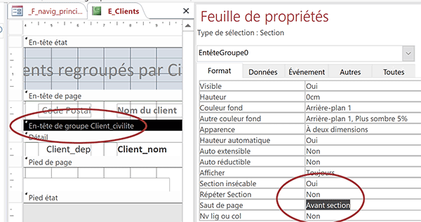 Saut de page avant section dans état Access pour présenter les données sur plusieurs feuilles