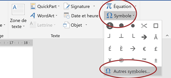 Symboles et caractères spéciaux à insérer dans un document Word