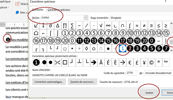 Insertion symbole numérique graphique grâce aux caractères spéciaux Word