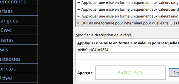 Mise en forme conditionnelle Excel sur le nombre de caractères des cellules