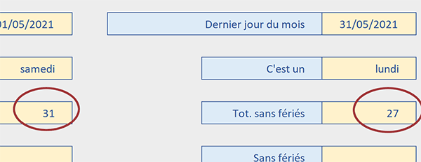 Compter le nombre de jours entre deux dates sans les jours fériés avec une formule matricielle Excel