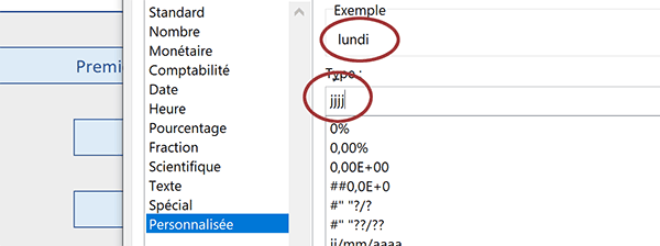 Format de date Excel personnalisé pour ne conserver la précision affichée que sur le jour de la semaine en texte