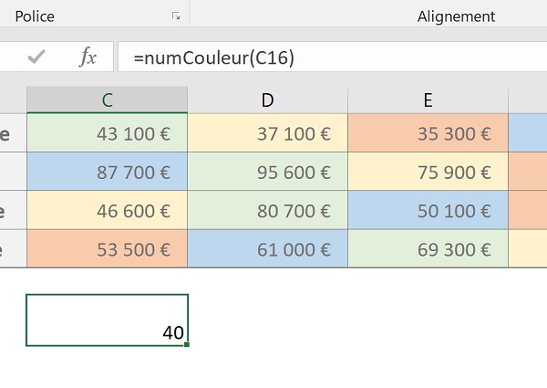 Fonction VBA Excel pour retourner indice de couleur de remplissage de cellule sur la feuille de calcul