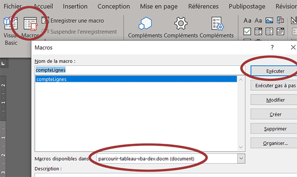 Exécuter la macro VBA pour compter les lignes et colonnes des tableaux du document Word