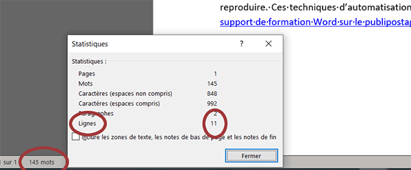 Statistiques sur le nombre de lignes dans un document Word