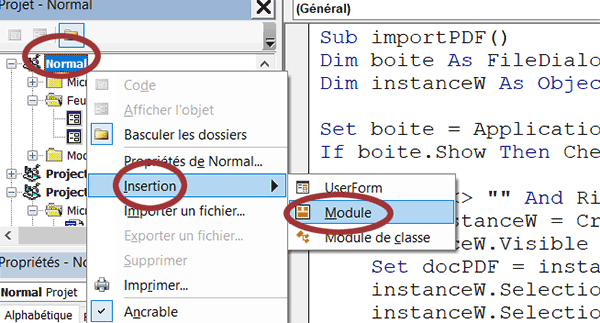 Créer un nouveau module de code dans le projet VBA Word