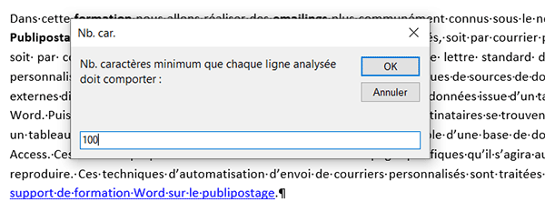 Demander utilisateur nombre minimum de caractères que doivent proposer les lignes du document Word à compter