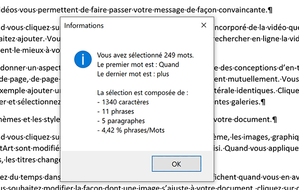 Compter le nombre de mots, de paragraphes et de phrases dans une sélection en VBA Word