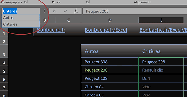 Noms des colonnes du tableau Excel à utiliser dans la syntaxe de la formule matricielle