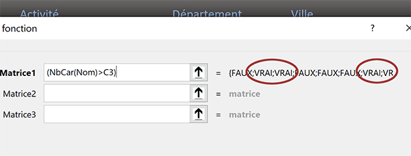 Matrice Excel des positions des cellules comportant beaucoup de caractères