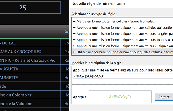 Mise en forme conditionnelle Excel pour surligner les cellules avec beaucoup de caractères