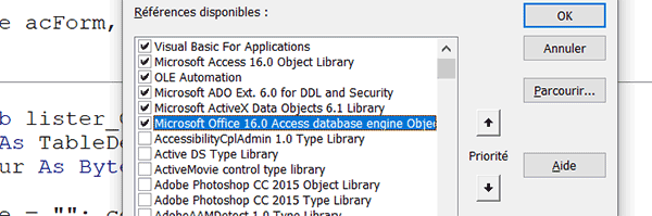 Ajouter la référence à Access dans le projet pour piloter tous les objets de la base de données
