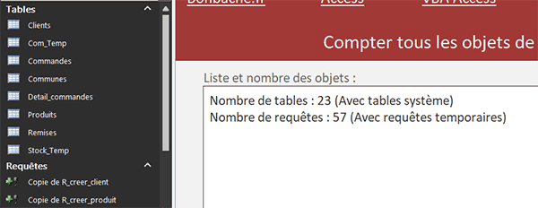 Compter les tables et requêtes de la base de données en VBA Access