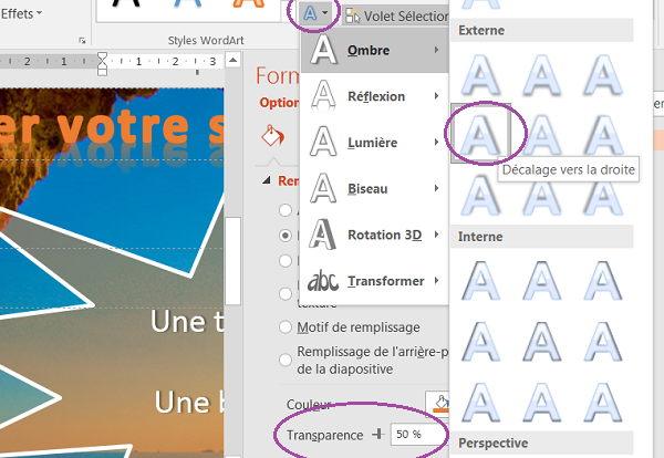 Transparence sur forme et ombre sur texte Powerpoint