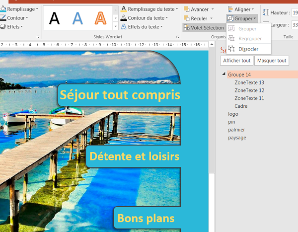 Regrouper des objets Powerpoint pour les manipuler ensemble avec Volet Sélection