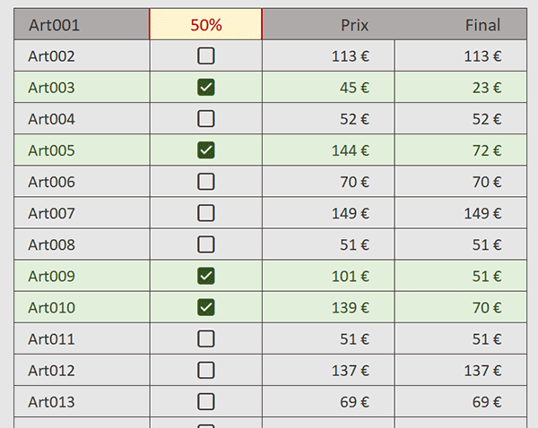 Appliquer des remises en fonction des cases cochées par formule Excel