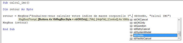 Affichage écran du contenu de la variable avec MsgBox