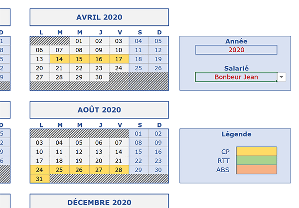 Mise en valeur avec couleurs des jours de congés des salariés dans calendrier annuel Excel