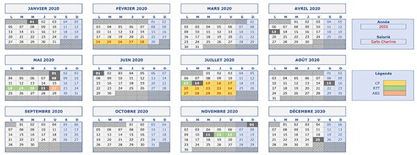 Calendrier annuel Excel des congés payés et absences des salariés