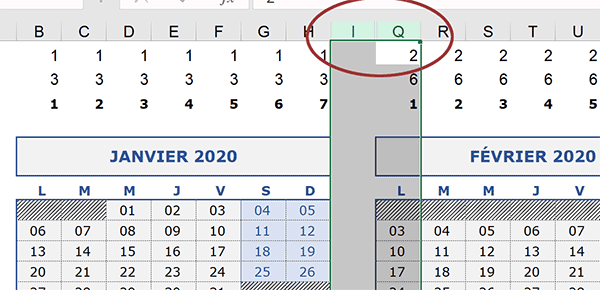 Structure de la feuille Excel pour construire le calendrier annuel perpétuel sur la base du premier jour de semaine du premier mois