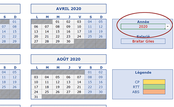 Construction automatique calendrier annuel perpétuel Excel au choix année dans liste déroulante
