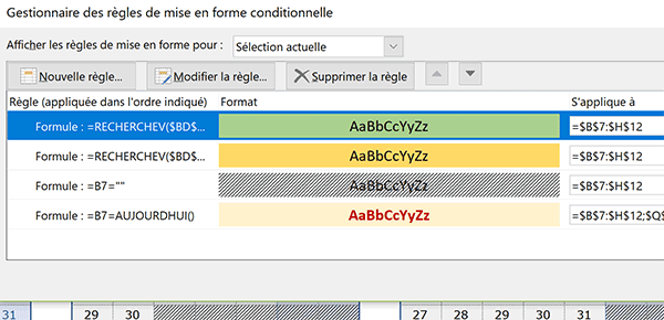 Règle de mise en forme conditionnelle Excel pour repérer les jours de RTT des salariés dans calendrier annuel