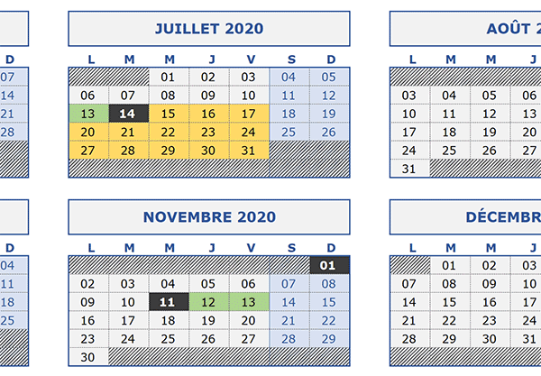 Identifier visuellement les jours fériés dans le calendrier annuel Excel des jours de congés des salariés