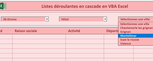 Listes déroulantes Excel reliées entre elles et remplies des données Access par code VBA