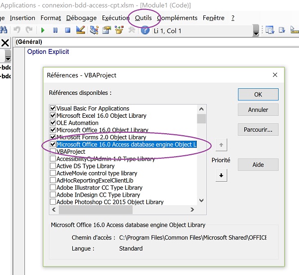 Référence à une librairie VBA Excel pour piloter bases de données externes Access