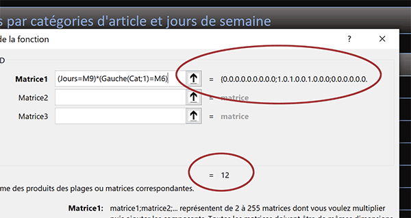 Matrice de chiffres repérant les condordances dans formule matricielle Excel