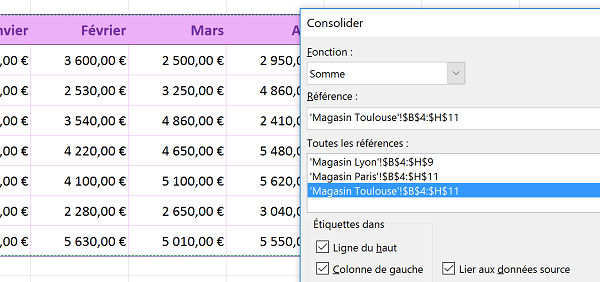 Regrouper, combiner et consolider tableaux avec boîte de dialogue Excel