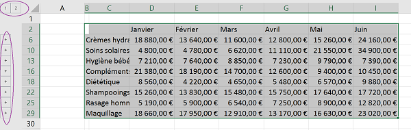 Résultat de la consolidation des données dans Excel avec mode plan pour remonter au détail