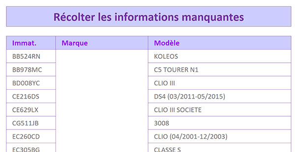 Tableau Excel des véhicules avec informations manquantes à consolider en colonne intermédiaire