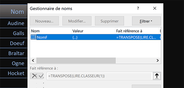 Formule en nom de feuille Excel pour lister les feuilles du classeur